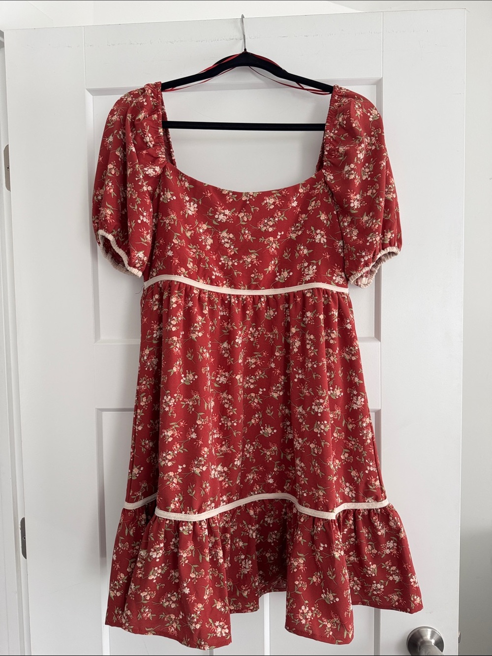 OLB Red Floral Puff-Sleeve Babydoll Dress